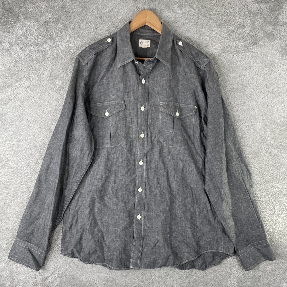 J‎ Crew Shirt Mens Large Gray Linen Cotton Military Safari Utility Workwear